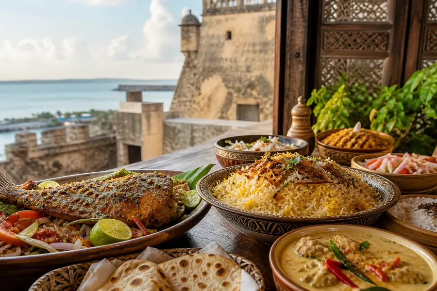 Swahili coastal cuisine near Fort Jesus in Mombasa
